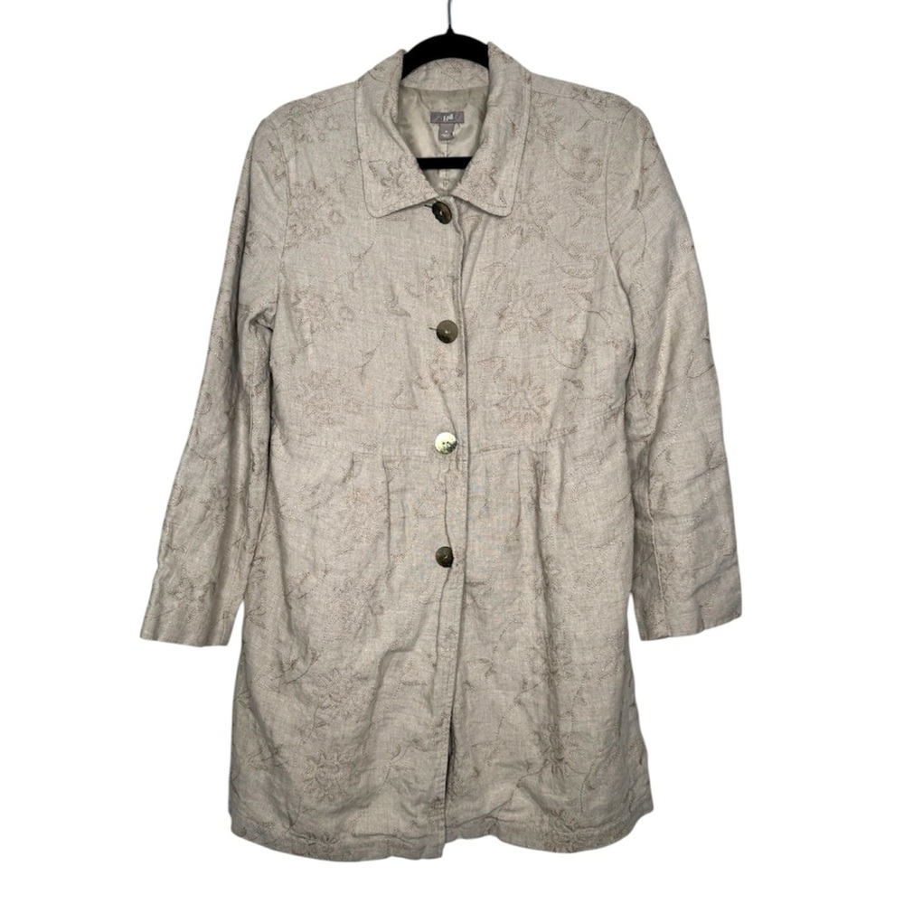 J. Jill linen women's M trench coat tan embroidered floral patterns Lagenlook